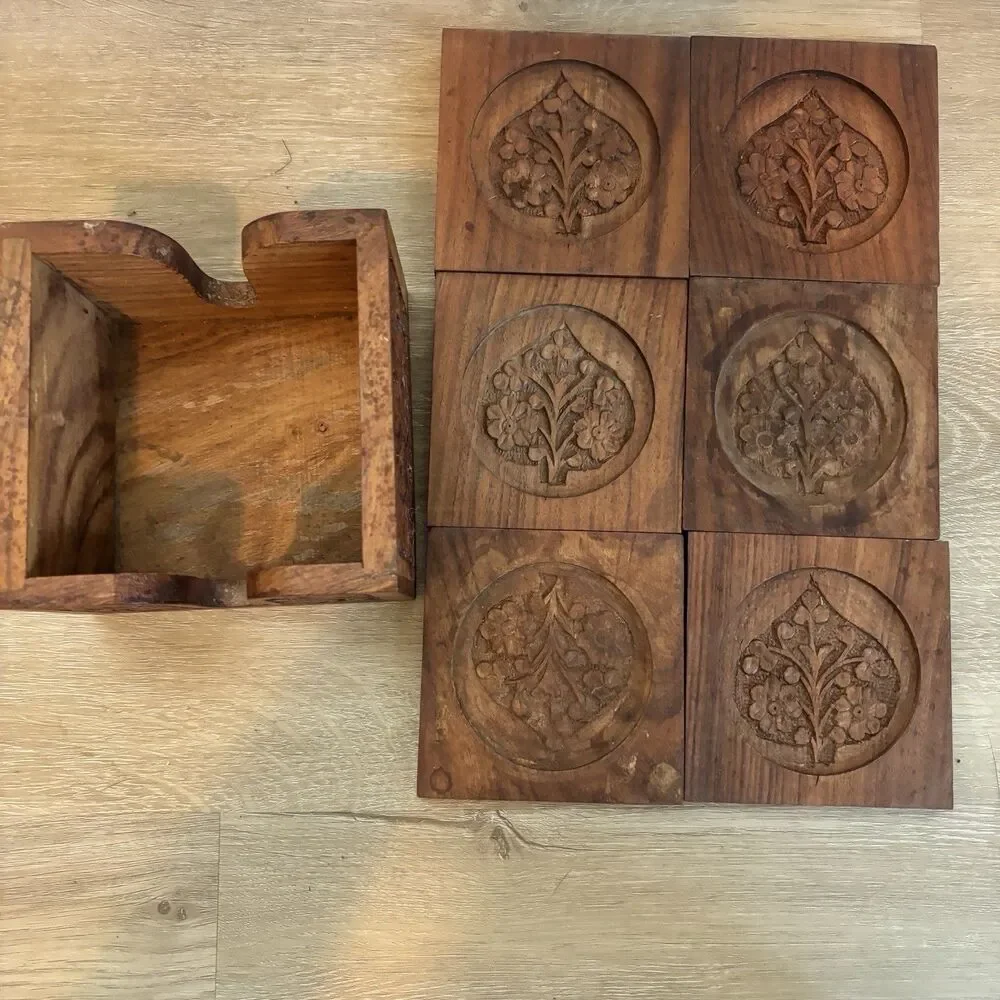 Vintage Hand Carved Wood Coaster Set Caddy Floral Leaf Indian Wooden Drink Mat